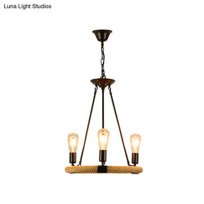 Vintage Style Roped Circular Chandelier Pendant Light - 3 Lights, Black Finish
