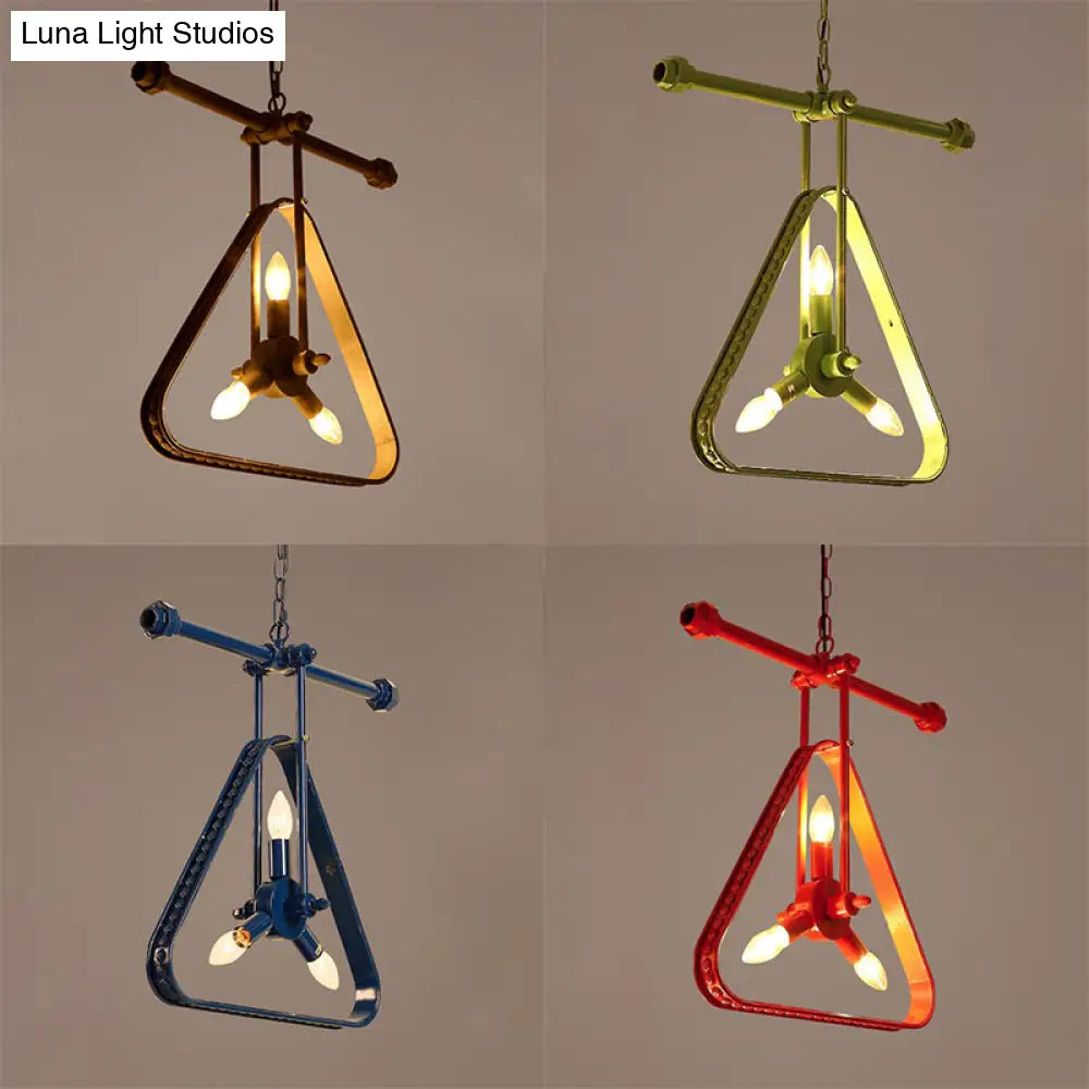 Vintage Style Wire Frame Chandelier Lamp - Black/Red Metallic - 3 Heads Triangle - Hanging Ceiling Fixture