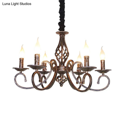Vintage Stylish Chandelier Lamp with 6 Bulbs, Wrought Iron Hanging Lighting in Bronze