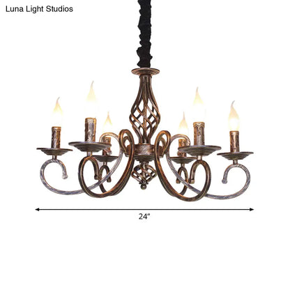 Vintage Stylish Chandelier Lamp with 6 Bulbs, Wrought Iron Hanging Lighting in Bronze