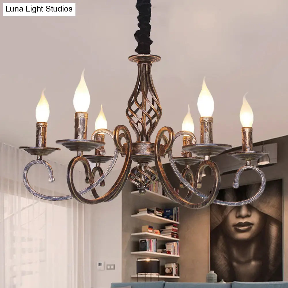 Vintage Stylish Chandelier Lamp with 6 Bulbs, Wrought Iron Hanging Lighting in Bronze