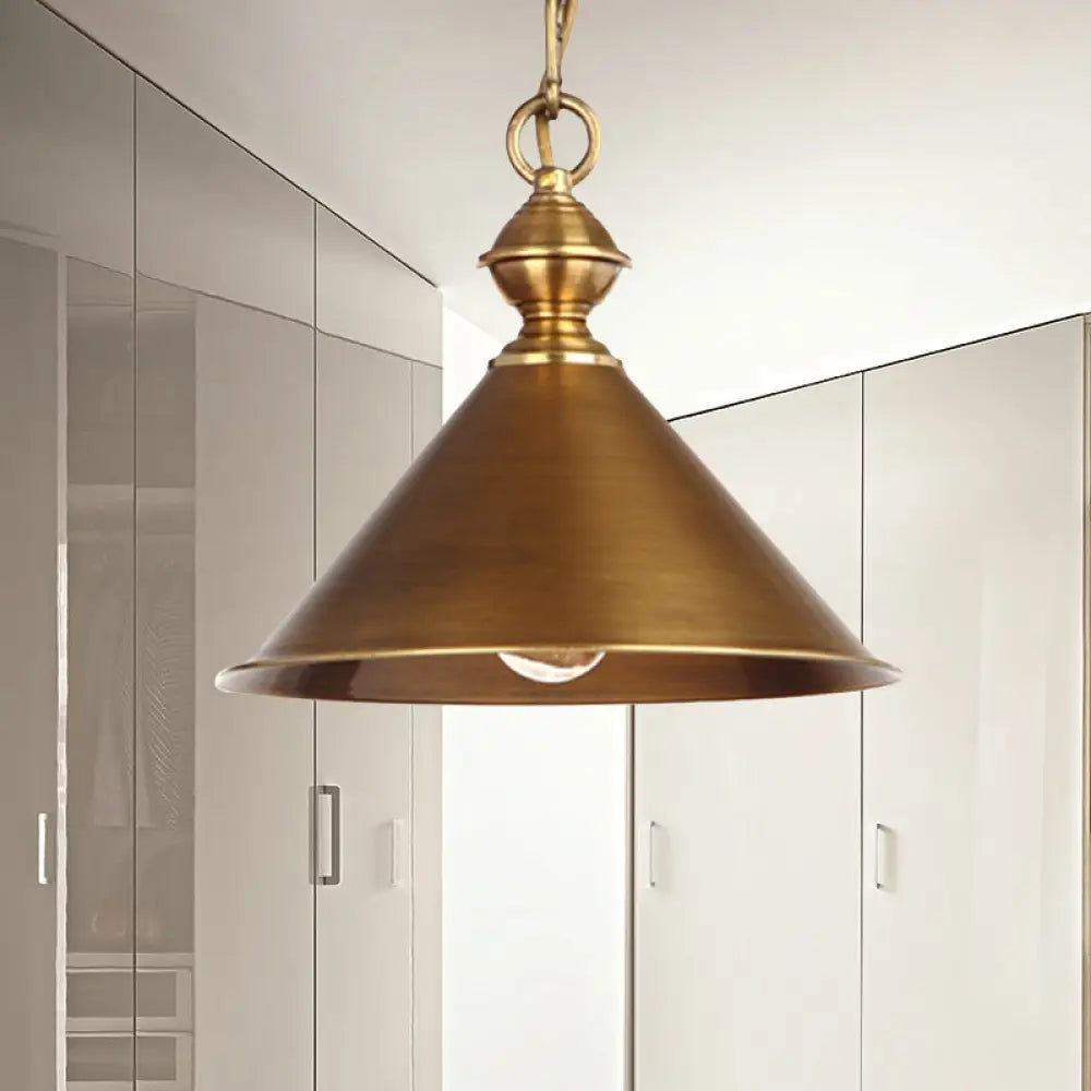 Vintage Suspension Pendant Light with Metallic Brass/Gold Finish - 7"/8.5" Conical Shade, 1-Light