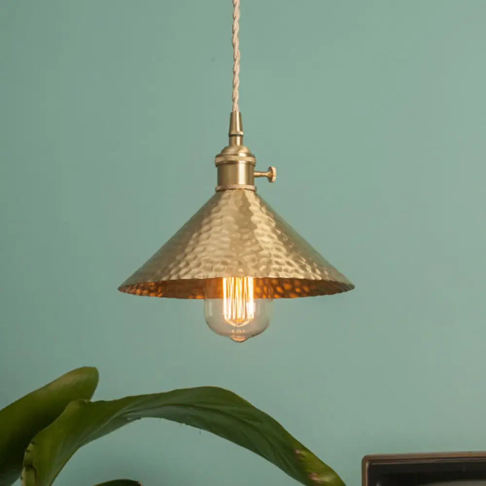 Vintage Suspension Pendant Light with Metallic Brass/Gold Finish - 7"/8.5" Conical Shade, 1-Light