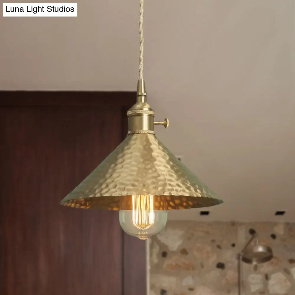 Vintage Suspension Pendant Light with Metallic Brass/Gold Finish - 7"/8.5" Conical Shade, 1-Light