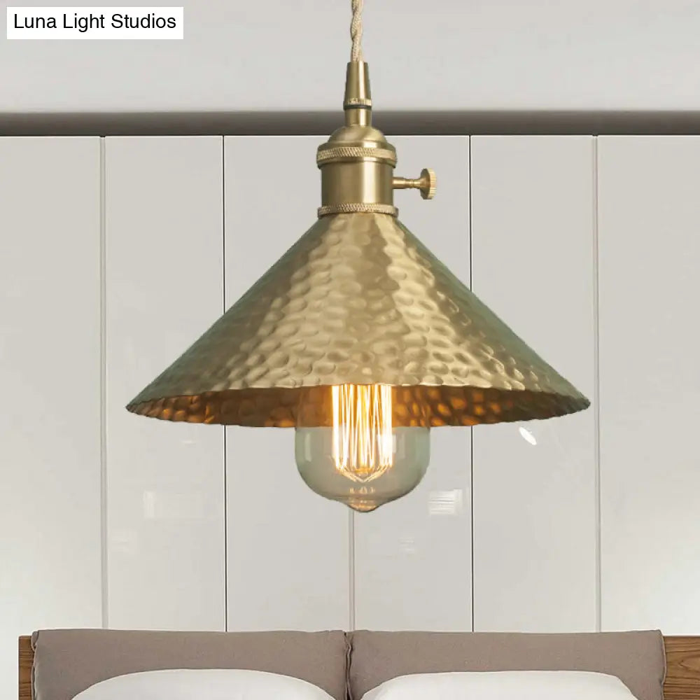 Vintage Suspension Pendant Light with Metallic Brass/Gold Finish - 7"/8.5" Conical Shade, 1-Light