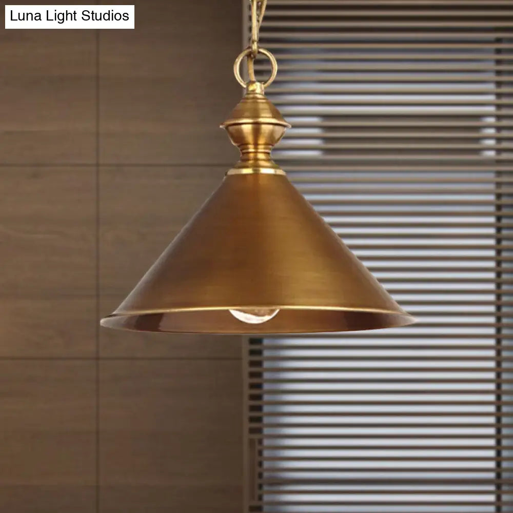 Vintage Suspension Pendant Light with Metallic Brass/Gold Finish - 7"/8.5" Conical Shade, 1-Light