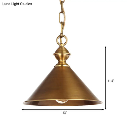 Vintage Suspension Pendant Light with Metallic Brass/Gold Finish - 7"/8.5" Conical Shade, 1-Light