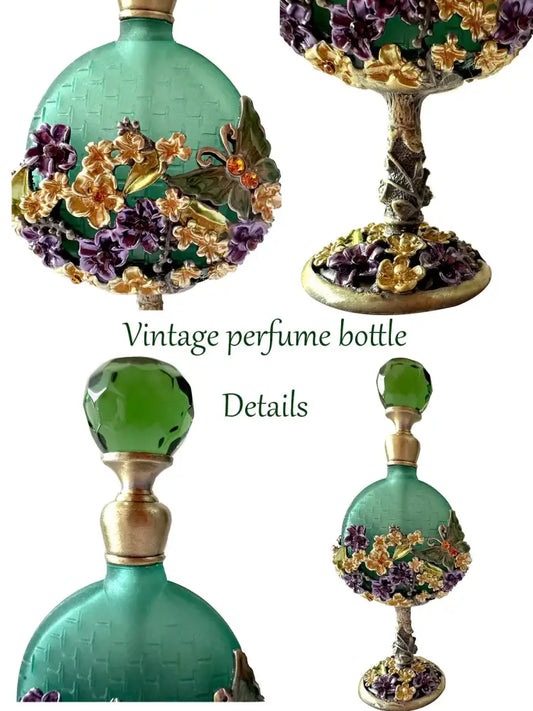 Vintage teal and purple glass perfume bottle with ornate gold floral embellishments and faceted green stopper for bedroom decor