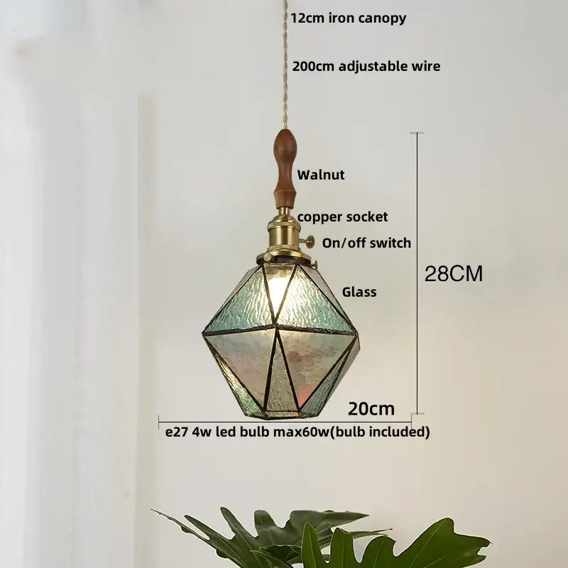 Vintage teal blue glass led pendant light with stained green-tinted glass panels, walnut wood top, and copper socket decorbites blue glass