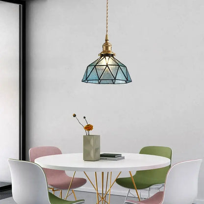 Vintage teal blue glass led pendant light with brass finish and twisted cord ideal for kitchen decorbites blue glass fixture