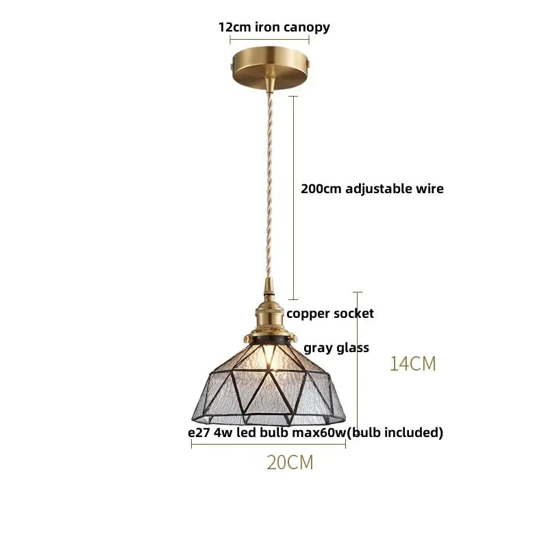 Antique brass-finished pendant light with geometric gray glass shade and copper socket for decorbites blue glass led decor