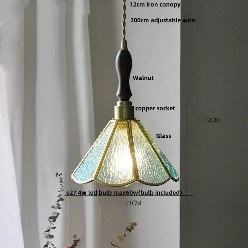 Vintage teal blue glass led pendant light with walnut iron canopy copper socket and textured blue-green shade decorbites blue glass