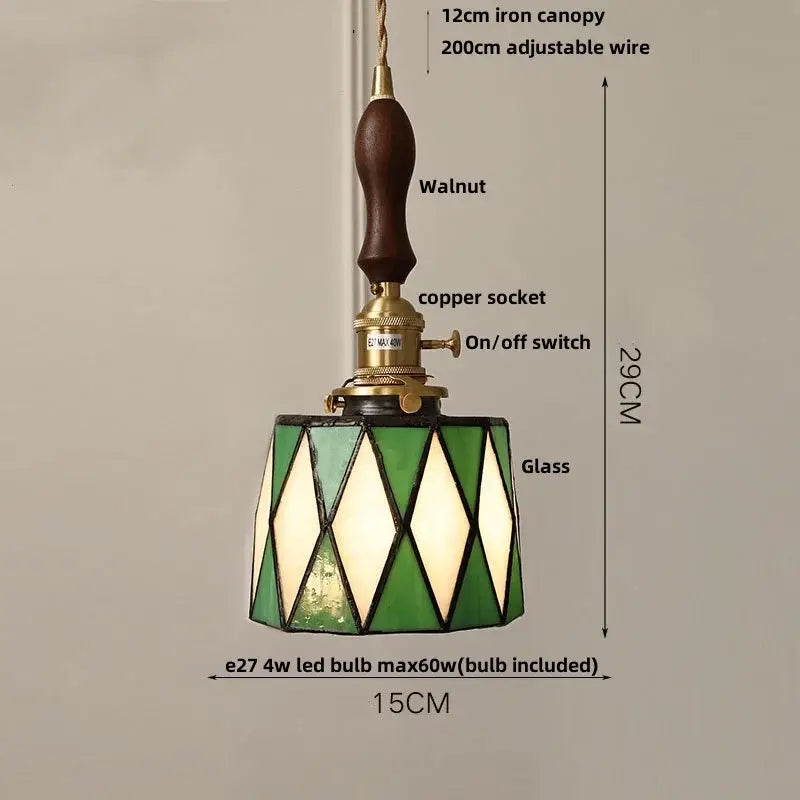 Vintage pendant light with green and white stained glass shade, walnut iron canopy, copper socket, and decorbites blue glass led features