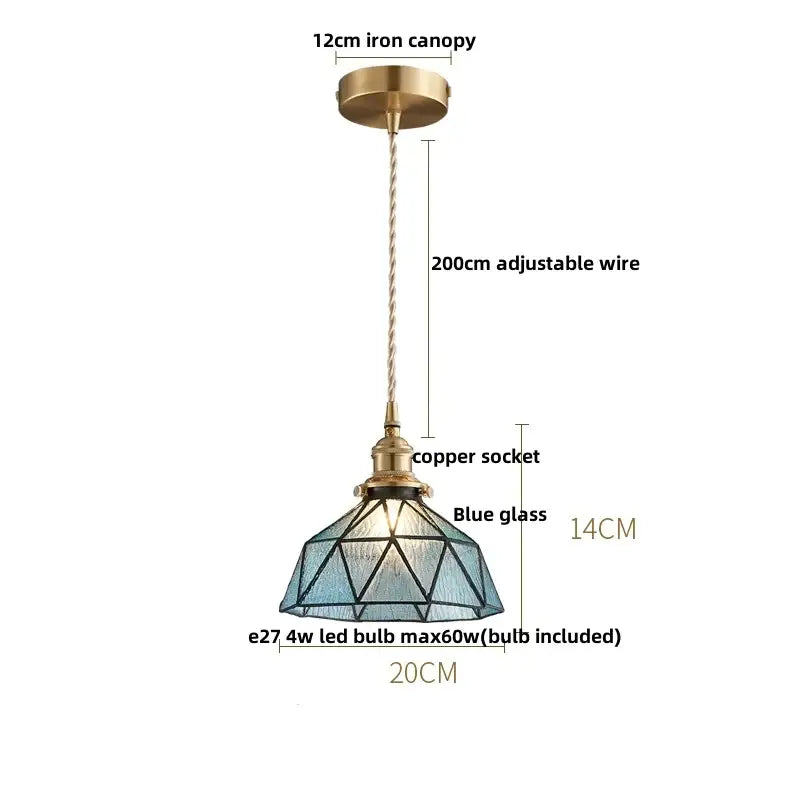 Vintage teal blue glass led pendant light featuring a blue geometric glass with brass iron canopy and copper socket