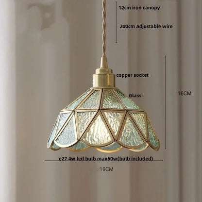 Vintage teal blue glass led pendant light with brass frame and textured translucent panels for kitchen decorbites blue glass