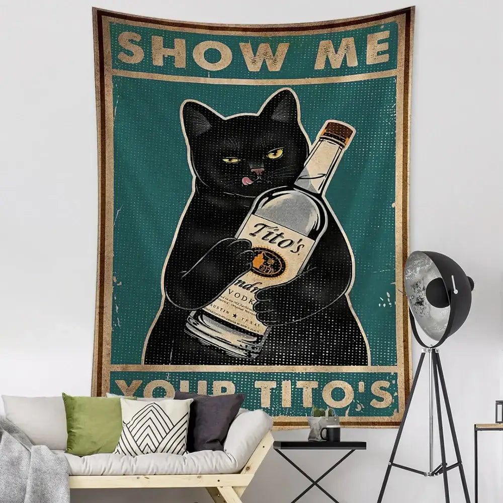 Black cat holding a bottle of titos vodka on a vintage teal cat tarot tapestry wall decor for bedroom use