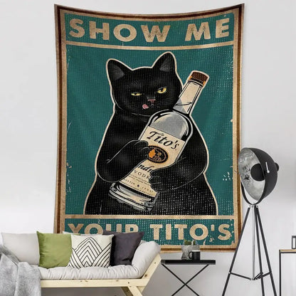 Black cat holding a bottle of titos vodka on a vintage teal cat tarot tapestry wall decor for bedroom use