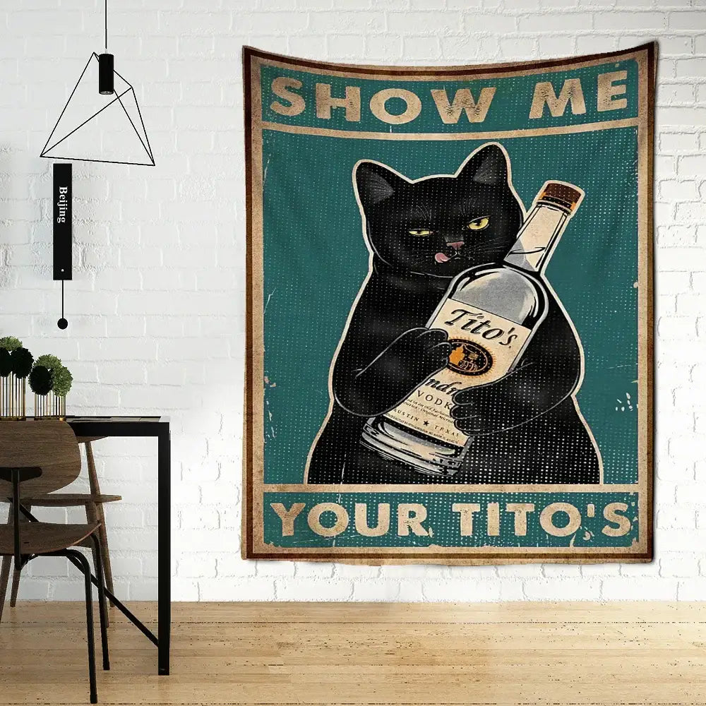 Black cat holding a bottle of tito’s vodka on a teal vintage-style cat tarot tapestry for bedroom decorbites cat tarot decor