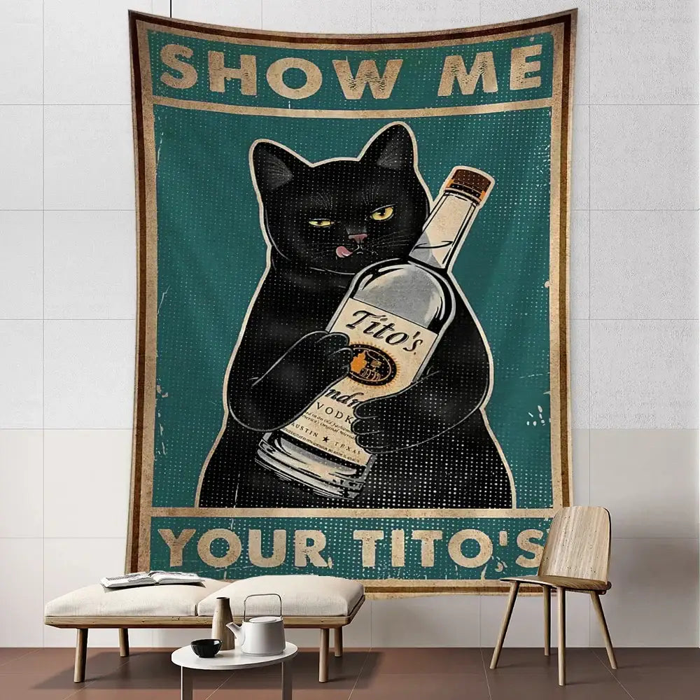 Vintage teal cat tarot tapestry featuring a black cat holding a titos vodka bottle for bedroom wall decorbites cat tarot decor