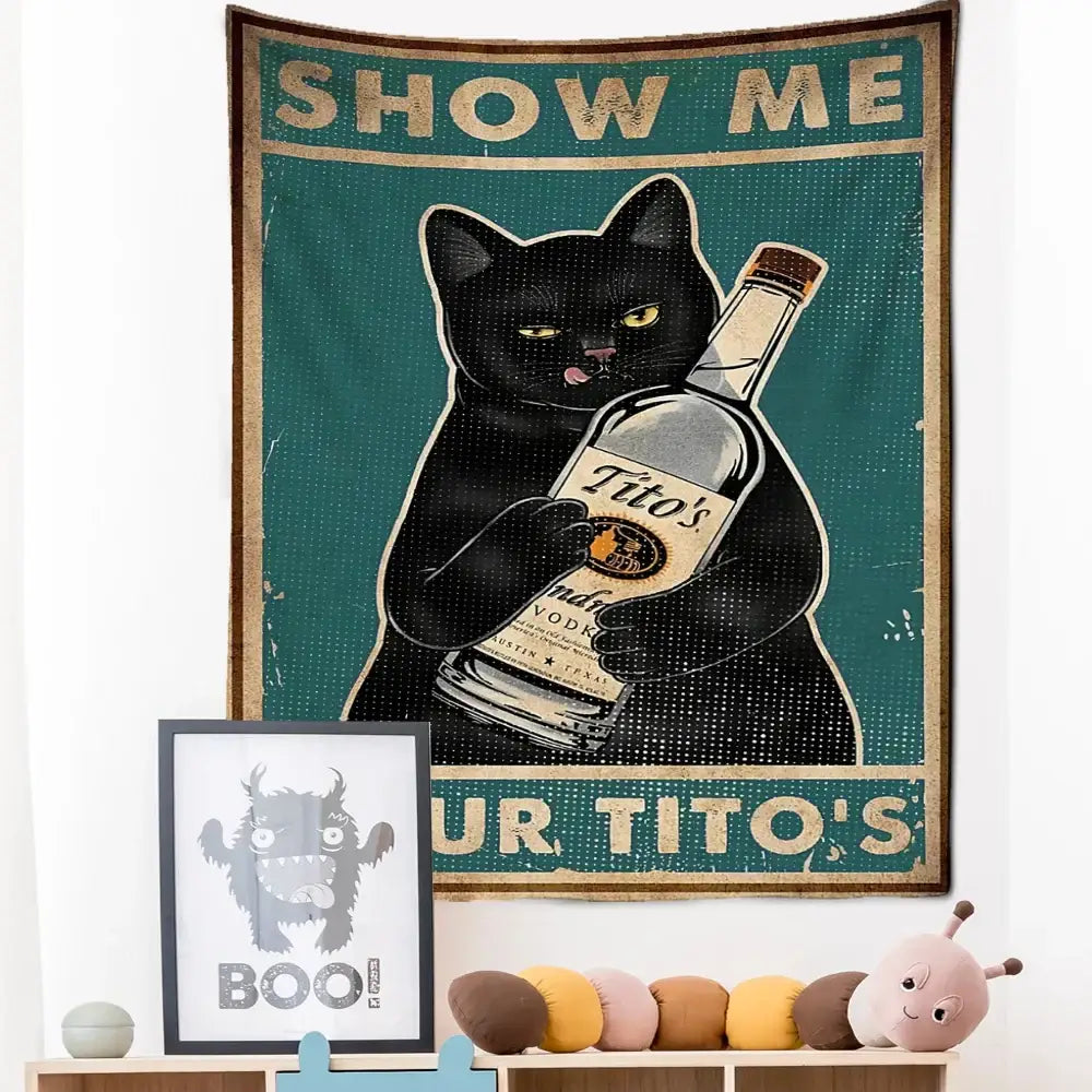 Black cat tarot tapestry holding a bottle of titos vodka on vintage teal fabric for bedroom wall decorbites cat tarot