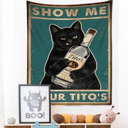 Black cat tarot tapestry holding a bottle of titos vodka on vintage teal fabric for bedroom wall decorbites cat tarot