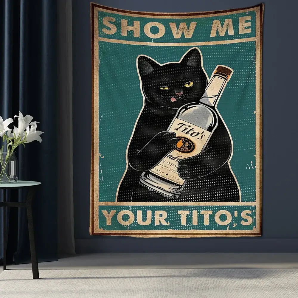 Vintage teal cat tarot tapestry with black cat holding titos vodka framed by distressed beige borders decorbites cat tarot wall decor