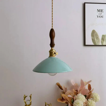 Vintage teal ceramic led pendant lamp with mint green enamel shade brass fixture and dark wood handle by decorbites ceramic led