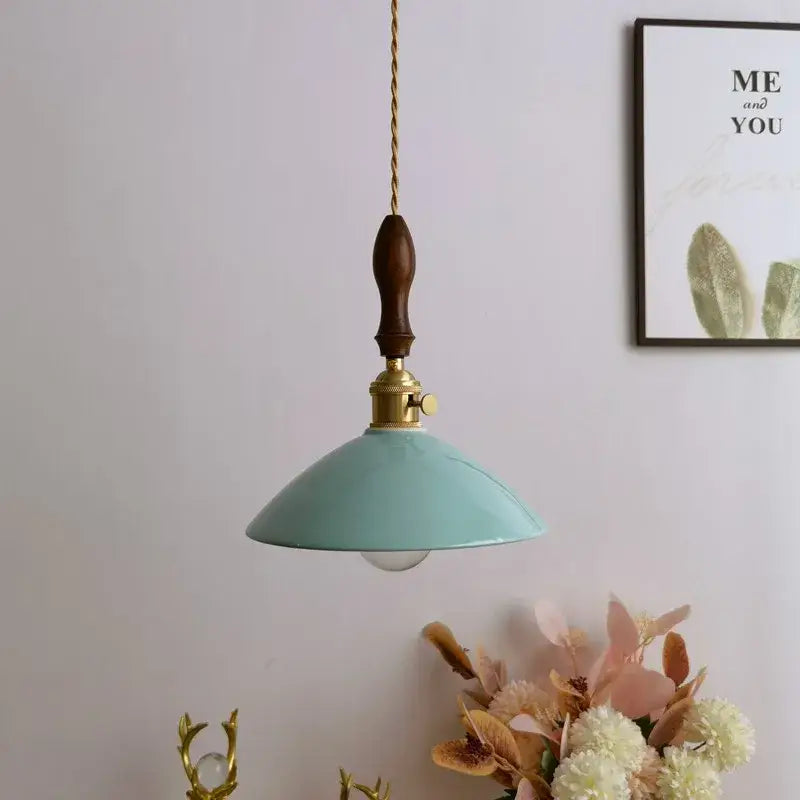 Vintage teal ceramic led pendant lamp with mint green enamel shade brass fixture and dark wood handle by decorbites ceramic led
