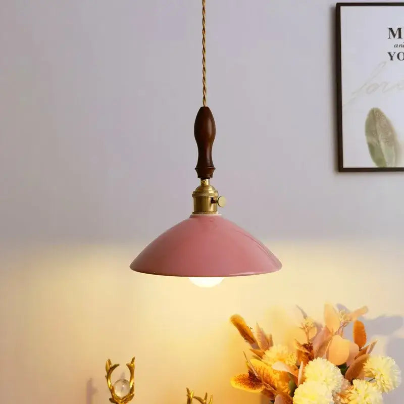 Pink enamel pendant lamp with dark wood handle and brass hardware for vintage teal ceramic led pendant decorbites ceramic led