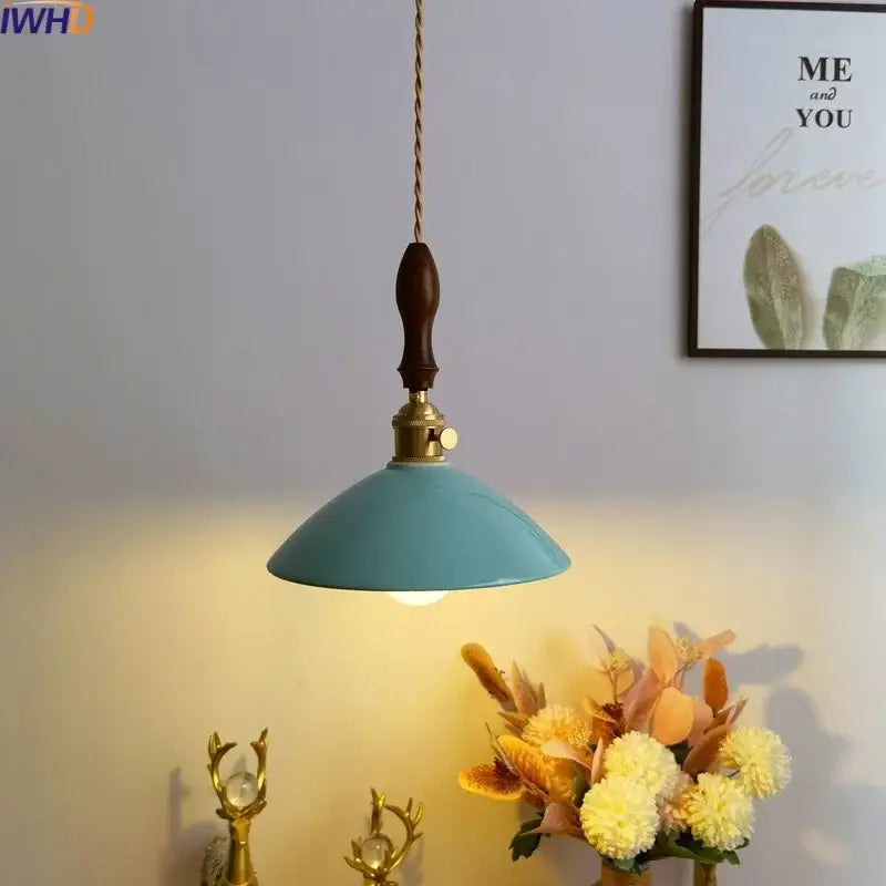 Vintage teal ceramic led pendant lamp with wooden handle and brass accents by decorbites for kitchen lighting decor