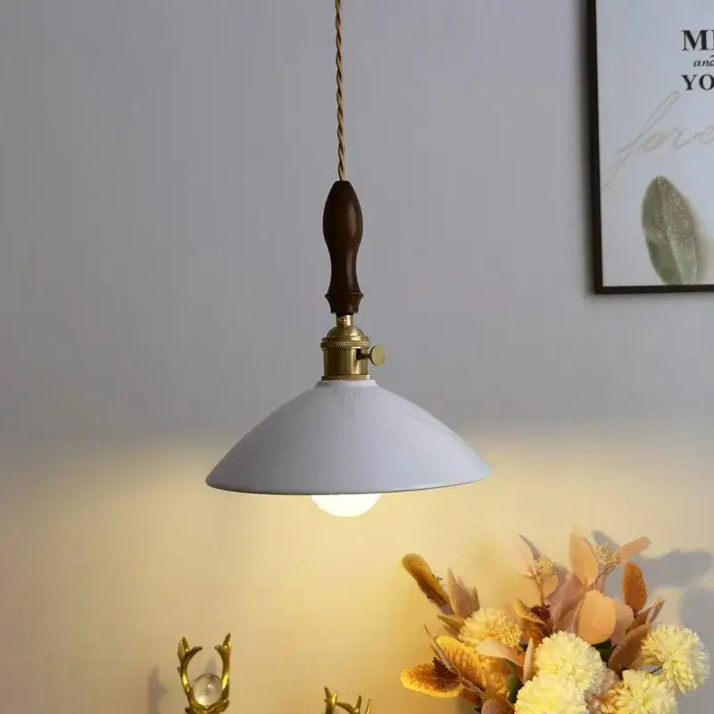 White enamel pendant lamp with dark wood handle and brass accents by decorbites ceramic led pendant for kitchen decor