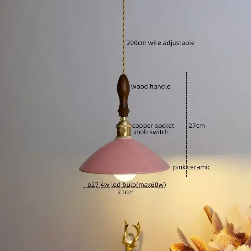 Pink ceramic led pendant lamp with wooden handle and copper socket knob switch by decorbites ceramic led decor