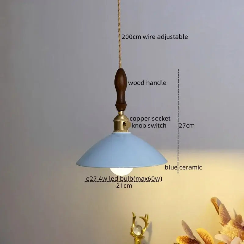 Vintage teal ceramic led pendant lamp with blue ceramic shade wooden handle and copper socket by decorbites ceramic led pendant