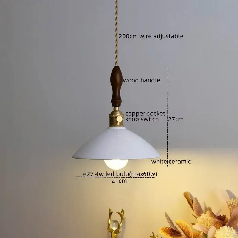 Vintage teal ceramic led pendant lamp with white ceramic shade wooden handle and copper socket for kitchen decorbites ceramic led