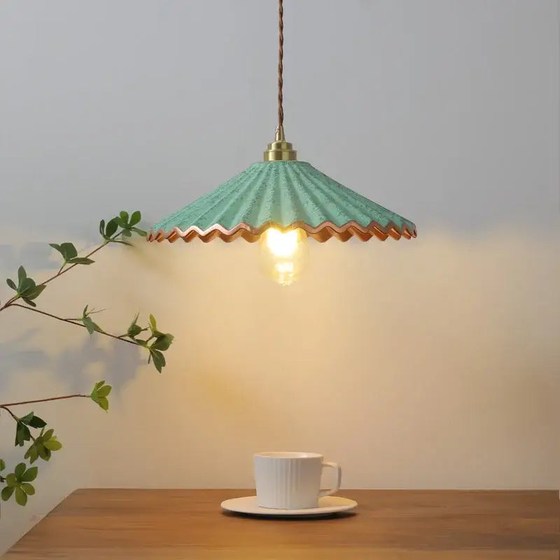 Vintage teal decorbites ceramic led pendant light with scalloped edge and brass metal frame for kitchen lighting