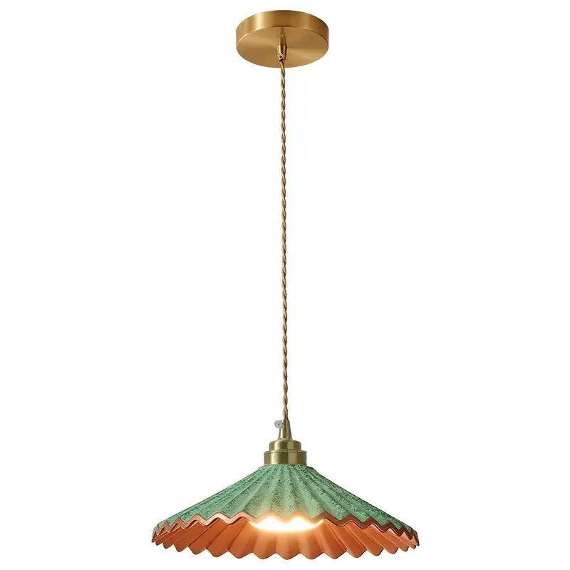 Vintage teal decorbites ceramic led pendant light with brass mount and two-toned green and copper glass shade