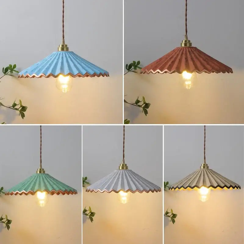 Vintage teal decorbites ceramic led pendant light with fluted pastel blue ceramic shade and brass hardware for kitchen use
