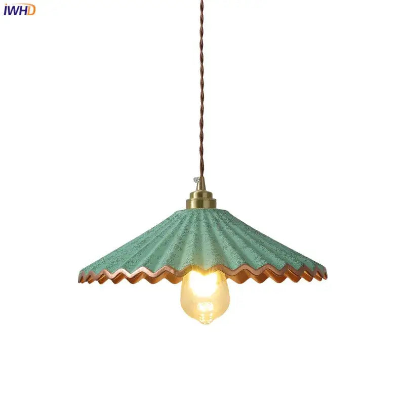 Vintage teal decorbites ceramic led pendant light with corrugated shade and copper trim for kitchen lighting