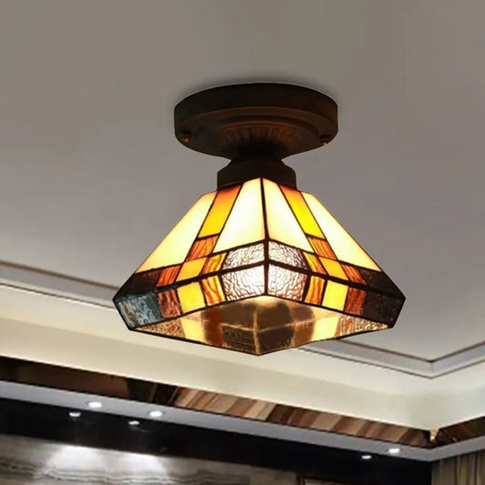 DecorBites™ DecorBites™ Vintage Tiffany Craftsman Flush Ceiling Light in Black/Antique Brass - Stained Glass Lamp for Corridor