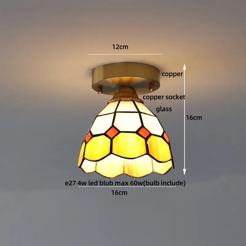 Vintage tiffany stained glass led ceiling lamp with warm yellow and white glass and copper base for bedroom lighting