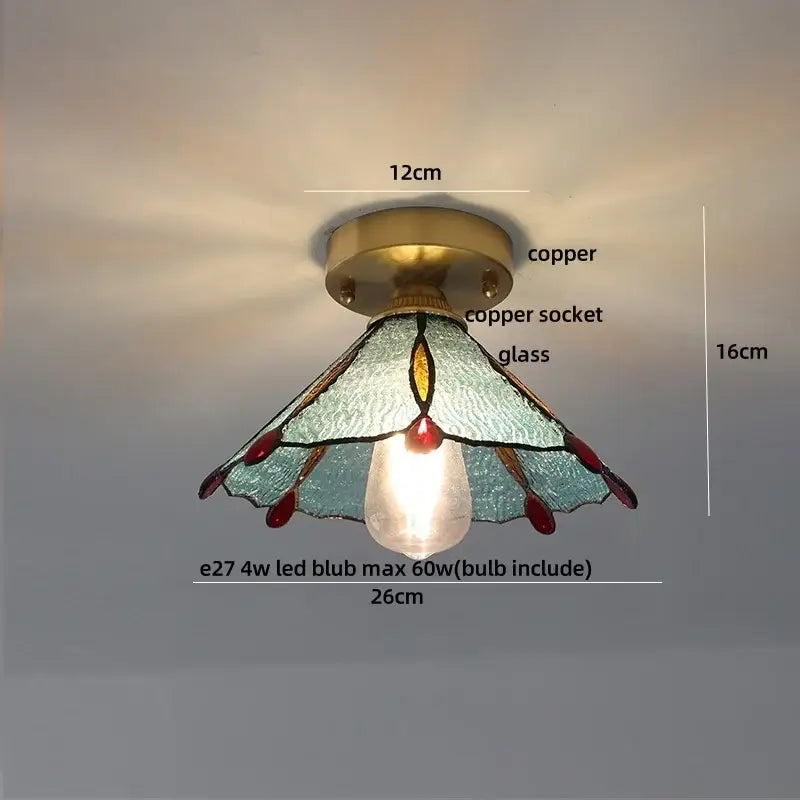 Vintage tiffany stained glass led ceiling lamp with teal and red patterned shade and copper base for bedroom use