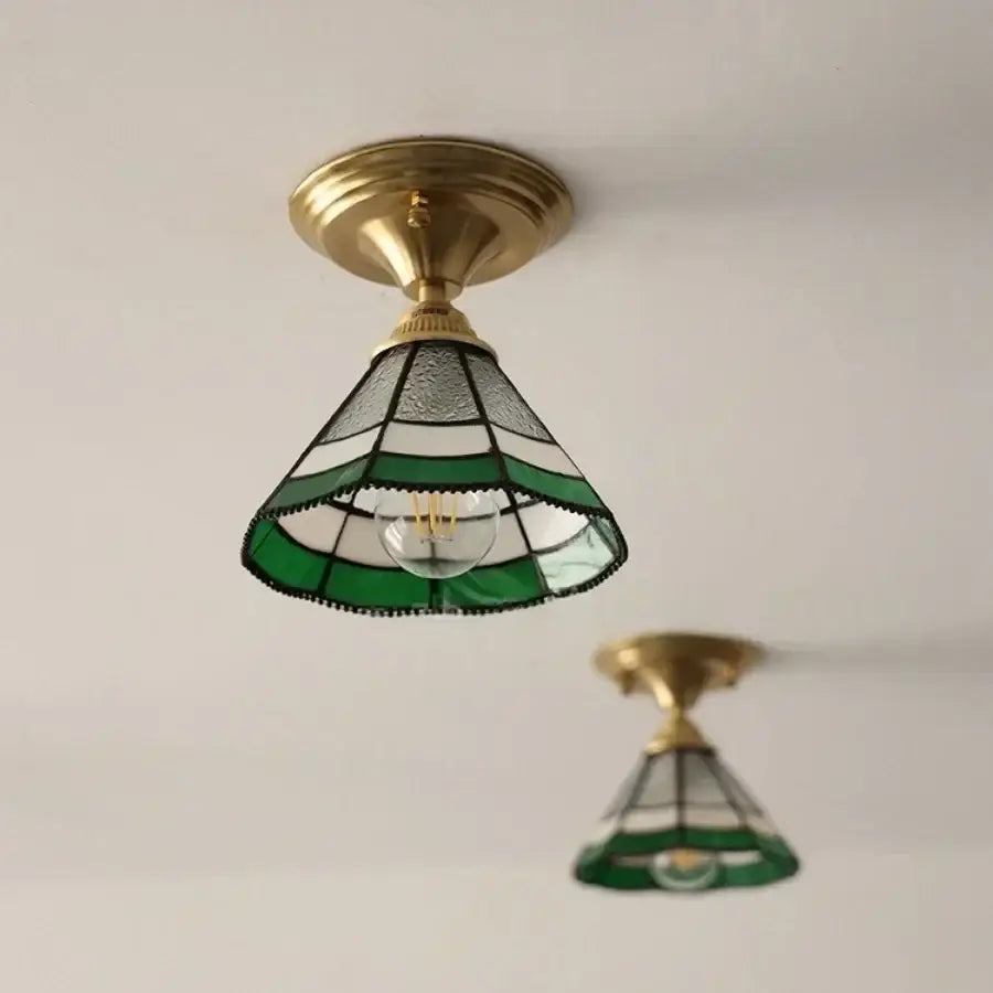 Vintage tiffany stained glass led ceiling lamp with green and white glass and brass hardware for bedroom lighting