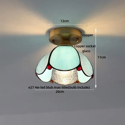 Vintage tiffany stained glass led ceiling lamp with copper finish brass fixture and teal frosted shade with red beads