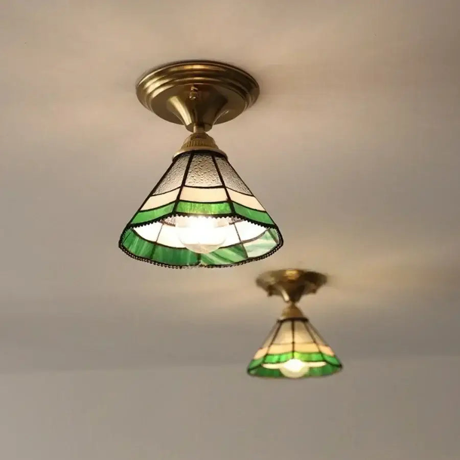 Vintage tiffany stained glass led ceiling lamp with green and cream glass and brass fixture for bedroom lighting