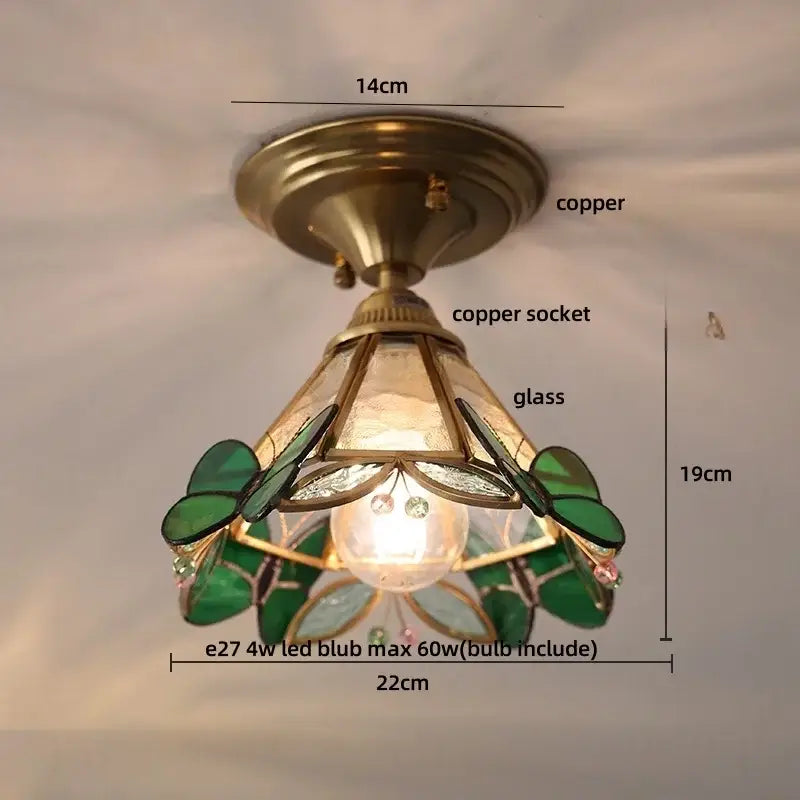 Vintage tiffany stained glass led ceiling lamp with copper frame and green leaf motifs for bedroom brass fixture