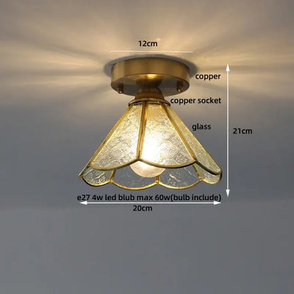 Vintage tiffany stained glass led ceiling lamp with brass copper base and ornate etched glass shade for bedroom use