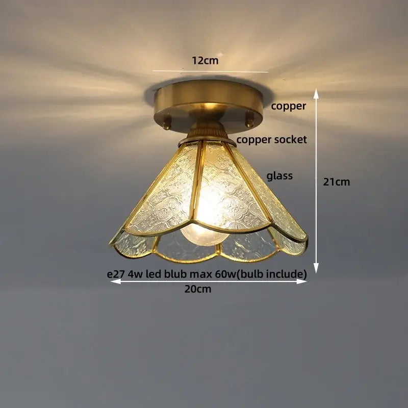Vintage tiffany stained glass led ceiling lamp with brass copper base and ornate etched glass shade for bedroom use