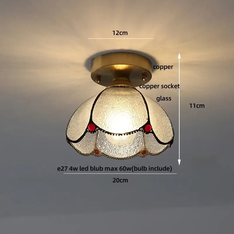 Vintage tiffany stained glass led ceiling lamp with brass copper base frosted glass petals and red bead accents