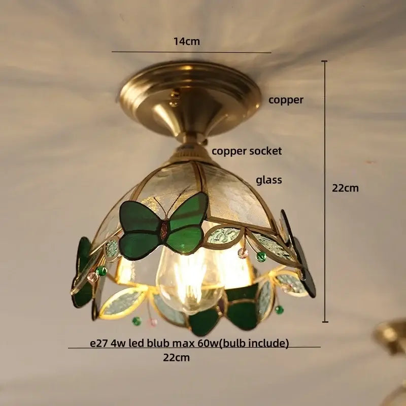 Vintage tiffany stained glass led ceiling lamp with copper frame featuring green butterfly and leaf accents for bedroom