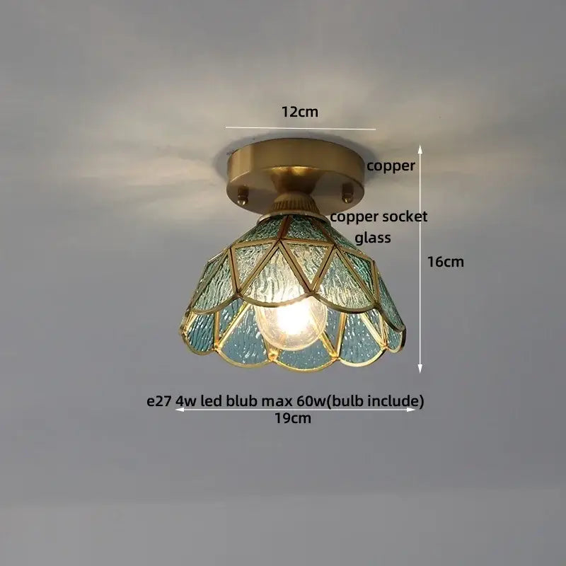 Vintage tiffany stained glass led ceiling lamp with copper base and teal geometric shade for bedroom brass fixture